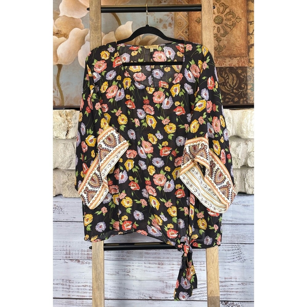 Democracy Womens 1X Black Colorful Floral Tie Front Oversized Blouse - Picture 7 of 8